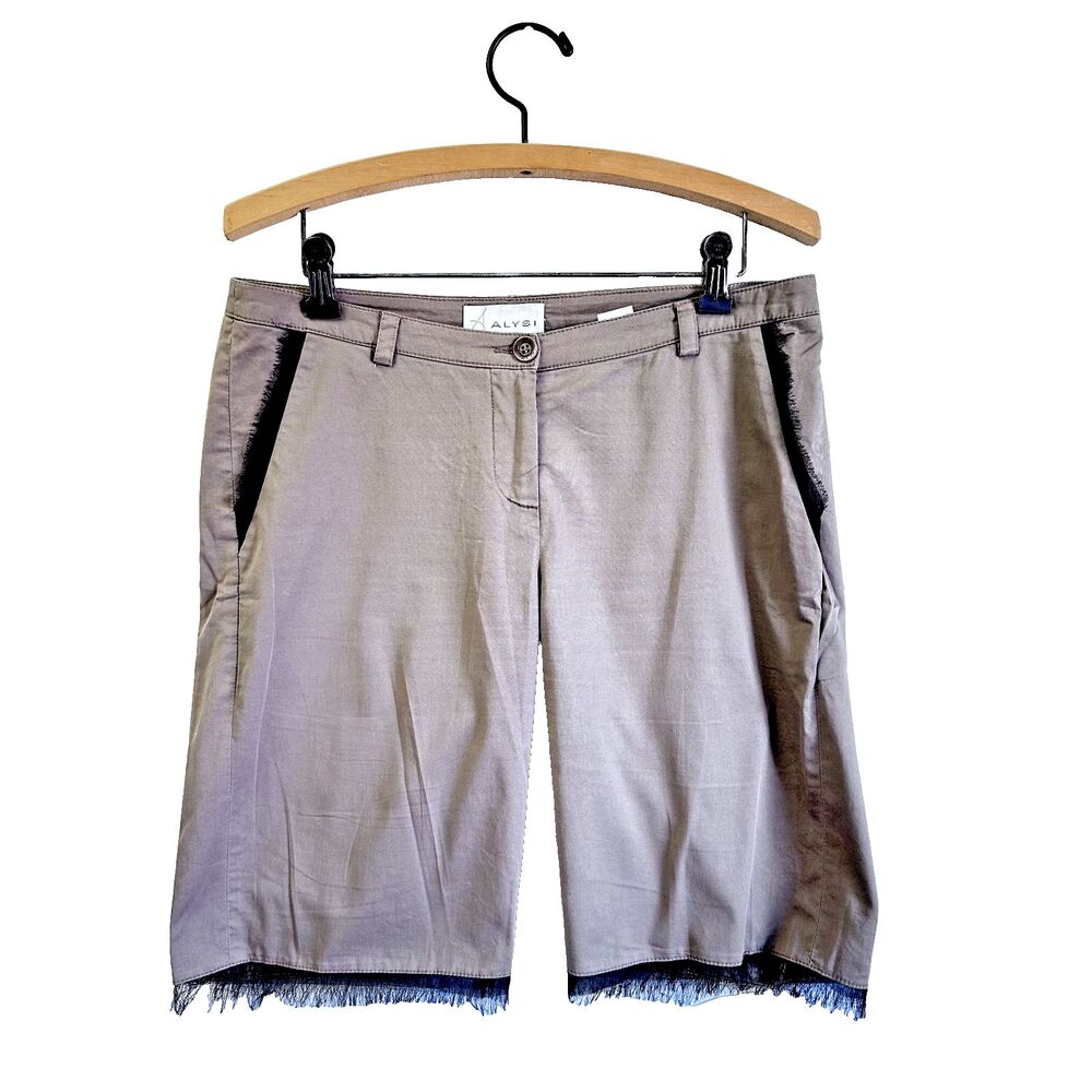 ALYSI Women's Beige w/Black Chiffon Fringe Accent Cotton Shorts Sz 4